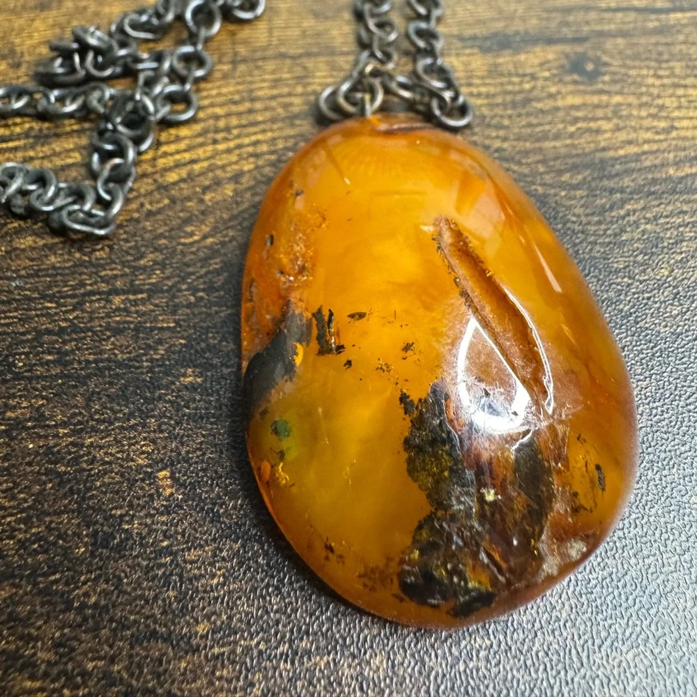 Baltic Amber Free Form Pendant Necklace Butterscotch Honey Antiqued Chain 26” - Picture 11 of 16